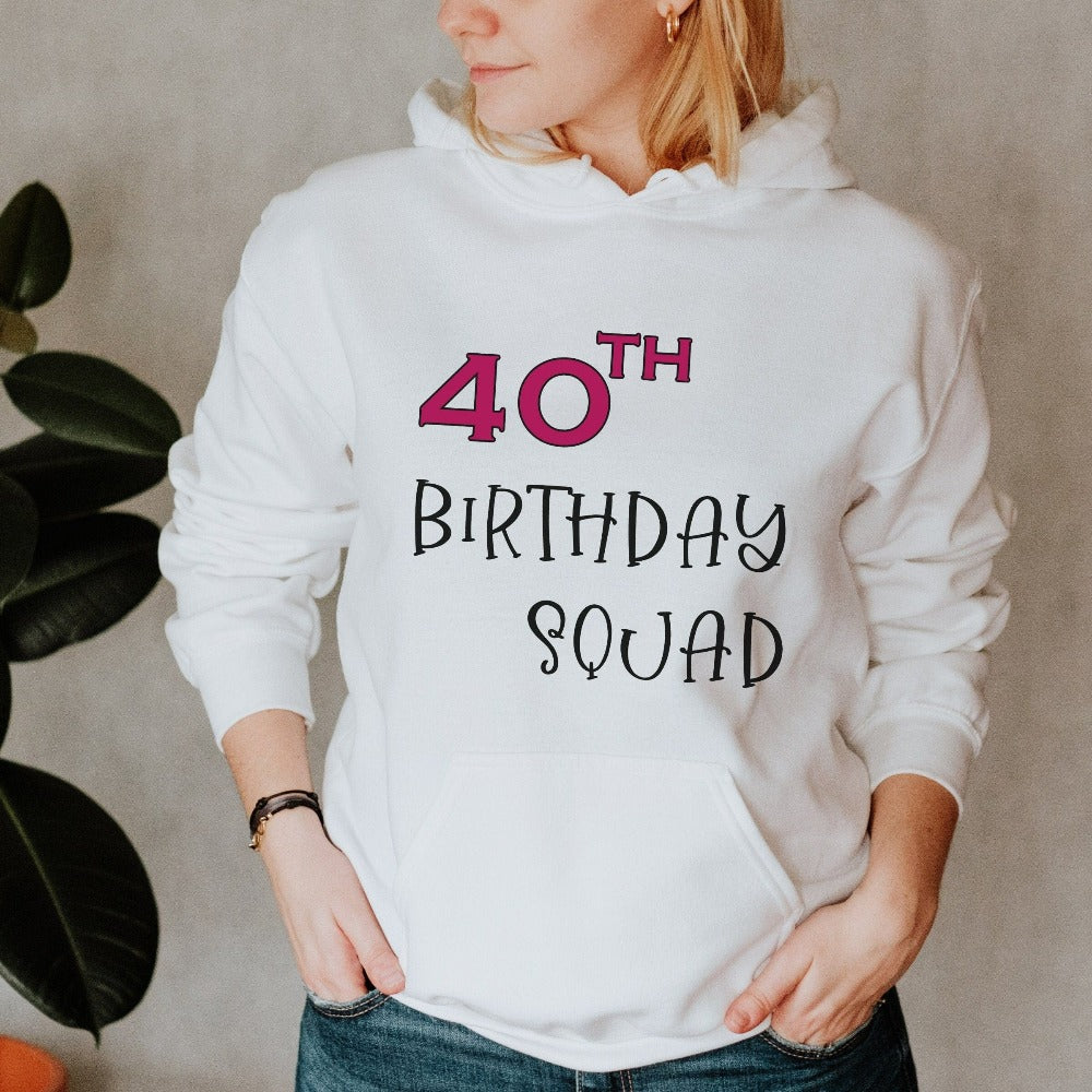 Say Hello 40 with this cute sweatshirt gift for your 40th birthday squad. Celebrate the fabulous forty with your crew with a matching fun party outfit. This is a great present or party favor idea for your family, friend, crew and support team. It makes for a memorable new age celebration with loved ones.