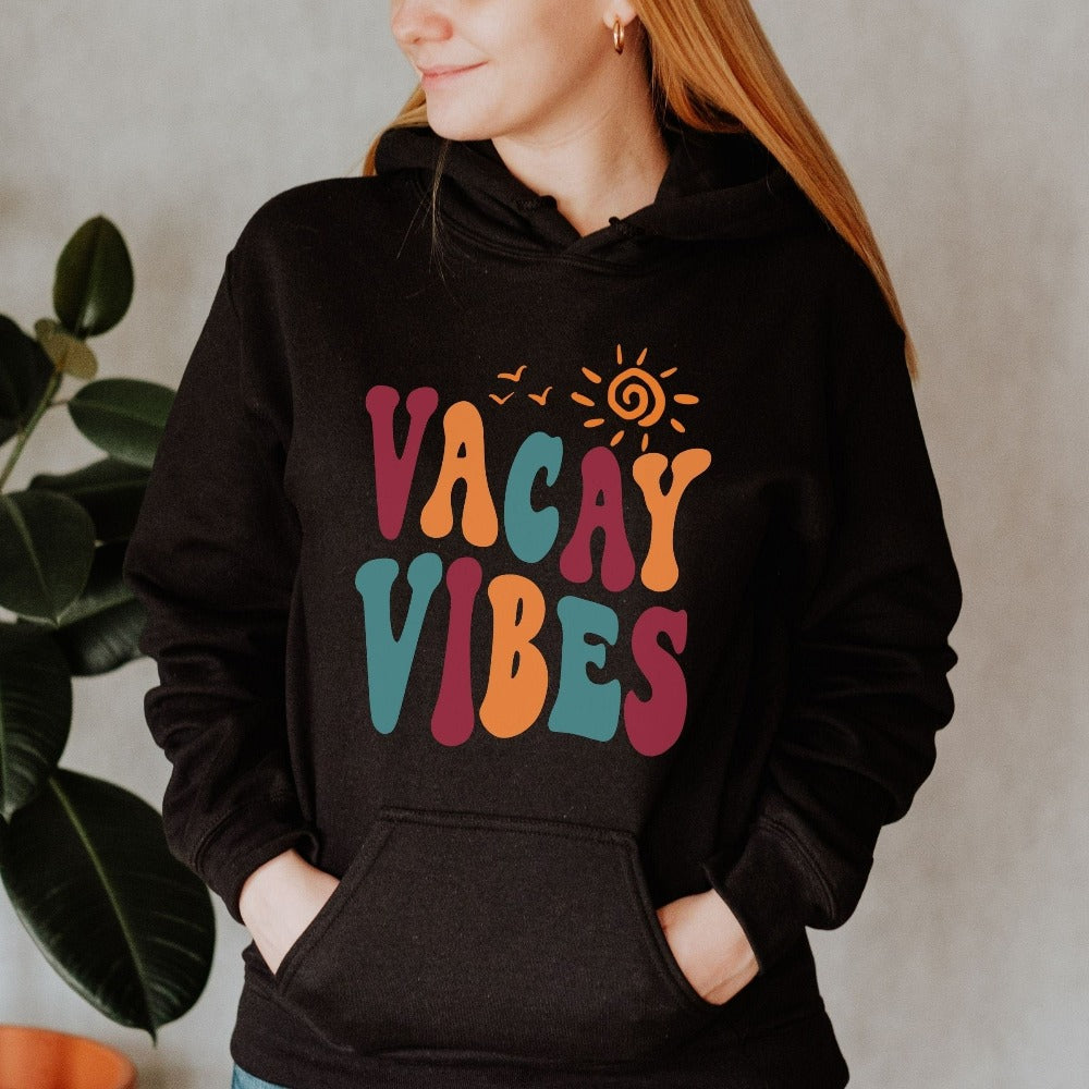 This cute travel buddies apparel gift idea brings up great memories of family adventures, weekend getaways, camping, hiking, vacations tours, summer break and girls road trips. This is a perfect matching vacation sweatshirt or holiday souvenir for the whole squad, crew or team. Vibrant retro colors to get you in the vacay mood.