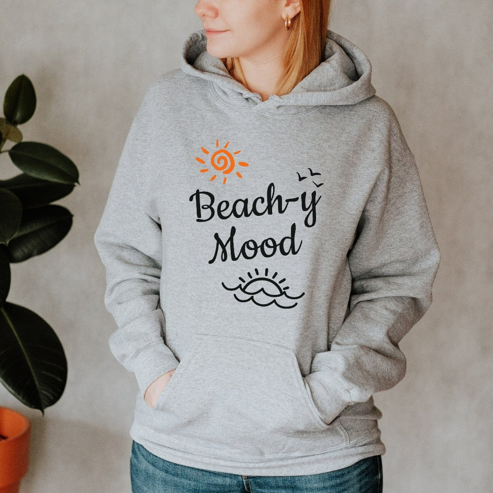 Get in the vacay mode with this humorous beach vacation "beach-y mood" sweatshirt with a twist on words. This humorous hoodie is perfect for your cruise vacation, girls trip, weekend island getaway, or lake house family reunion trip. Get in the vacay mood with this cute comfy travel top. Perfect matching outfit for buddies, couples, best friends or sisters.