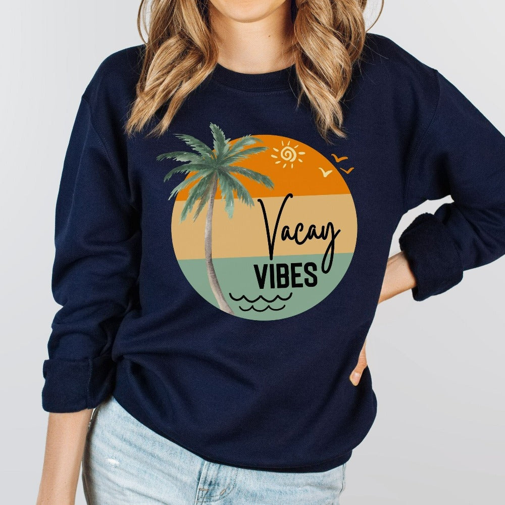 Get this retro bright beachy vibes vacation outfit and get your crew ready for vacay adventures. Perfect as matching gift idea for airport flight, island beach cruise summer holiday, world travel, family road trip or any other great activity you do! Best friends or sisters girls trip top.
