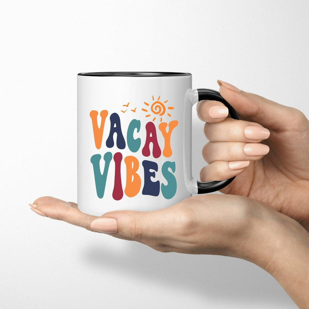 This cute travel buddies gift idea brings up great memories of family adventures, weekend getaways, camping, hiking, vacations tours, summer break and girls road trips. This is a perfect matching vacation coffee mug or holiday souvenir for the whole squad, crew or team. Vibrant retro colors to get you in the vacay mood.