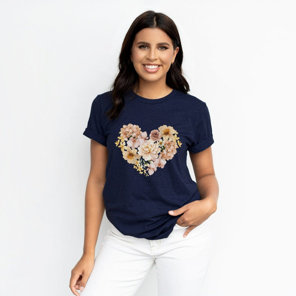 This adorable floral heart shirt expresses self-love and love to others. The botanical cottage core boho look makes this design a favorite. This top can be a matching couples casual tee, honeymoon travel outfit, or engagement gift idea for bride and groom. Great birthday, Valentines, Mother's Day, Christmas holiday, wedding, engagement or anniversary gift for wife, spouse, husband, girlfriend, fiancée, mom, daughter, sister, best friend, aunt and more.