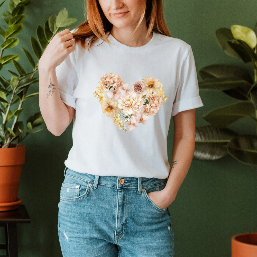 This adorable floral heart shirt expresses self-love and love to others. The botanical cottage core boho look makes this design a favorite. This top can be a matching couples casual tee, honeymoon travel outfit, or engagement gift idea for bride and groom. Great birthday, Valentines, Mother's Day, Christmas holiday, wedding, engagement or anniversary gift for wife, spouse, husband, girlfriend, fiancée, mom, daughter, sister, best friend, aunt and more.