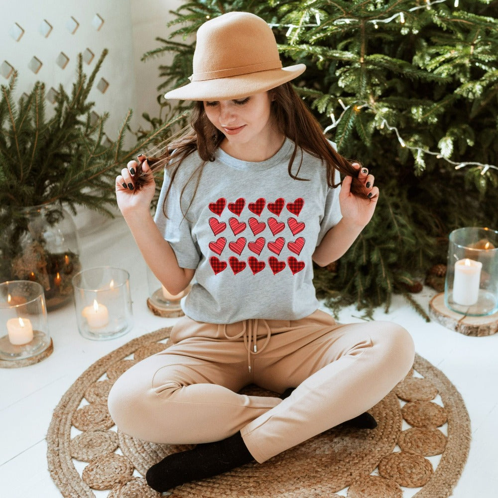 Valentines Day Shirt, Red Buffalo Plaid Heart T-Shirt, Couple Love Tees, Lovely Valentine's Day Gift for Women Mom Aunt Sister