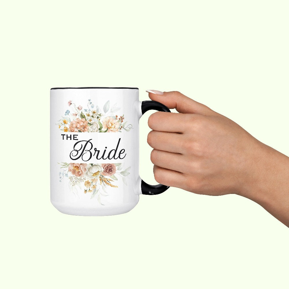 This floral bride coffee mug is cute thoughtful gift for anyone getting ready for a wedding. Works as an engagement announcement surprise, bachelorette party gift from bridesmaid or maid of honor, or favorite beverage cup while planning your dream wedding. If you know a soon to be bride, future Mrs. friend, or future daughter-in-law, this mug is a great gift idea for her.