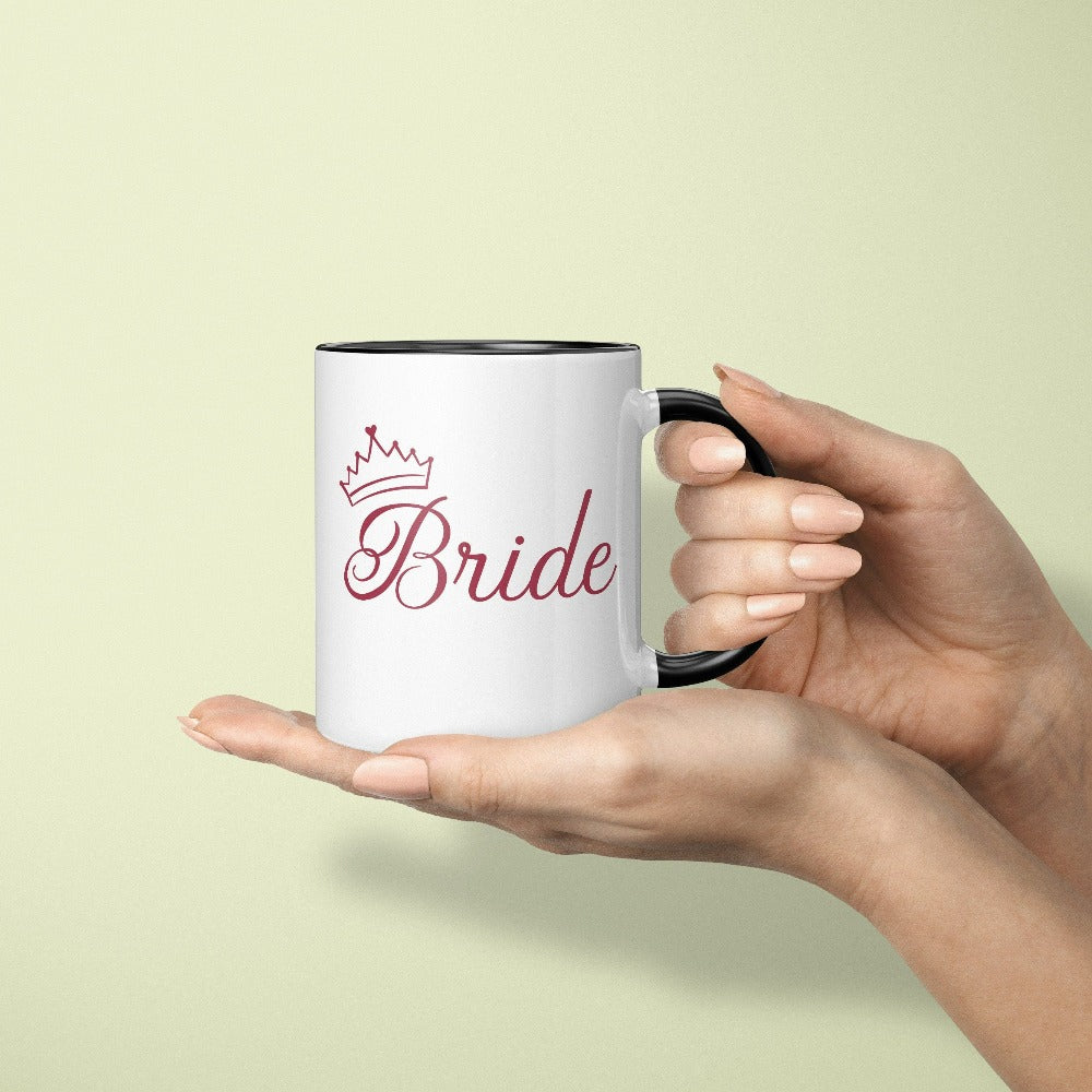 This cute bride coffee mug is a great addition to getting ready for your wedding day. Serves as an engagement announcement surprise mug; bachelorette party mug; gift from bridesmaid or maid of honor; rehearsal night dinner souvenir; and favorite beverage cup for planning your wedding. If you have a soon to be bride, future Mrs. friend, or future daughter-in-law, this cute mug is a great gift idea for her.