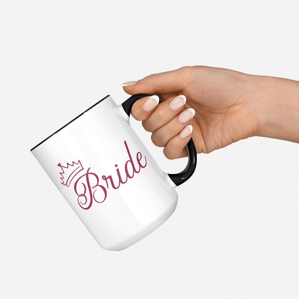 This cute bride coffee mug is a great addition to getting ready for your wedding day. Serves as an engagement announcement surprise mug; bachelorette party mug; gift from bridesmaid or maid of honor; rehearsal night dinner souvenir; and favorite beverage cup for planning your wedding. If you have a soon to be bride, future Mrs. friend, or future daughter-in-law, this cute mug is a great gift idea for her.