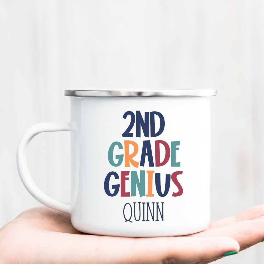 Customize this second grade, back to school drinking mug gift idea for your genius. For first day of school, school field trips, 100 days of school, graduation or a new grade. Perfect name cup for everyday use in or out of classroom. 2nd grade souvenir.