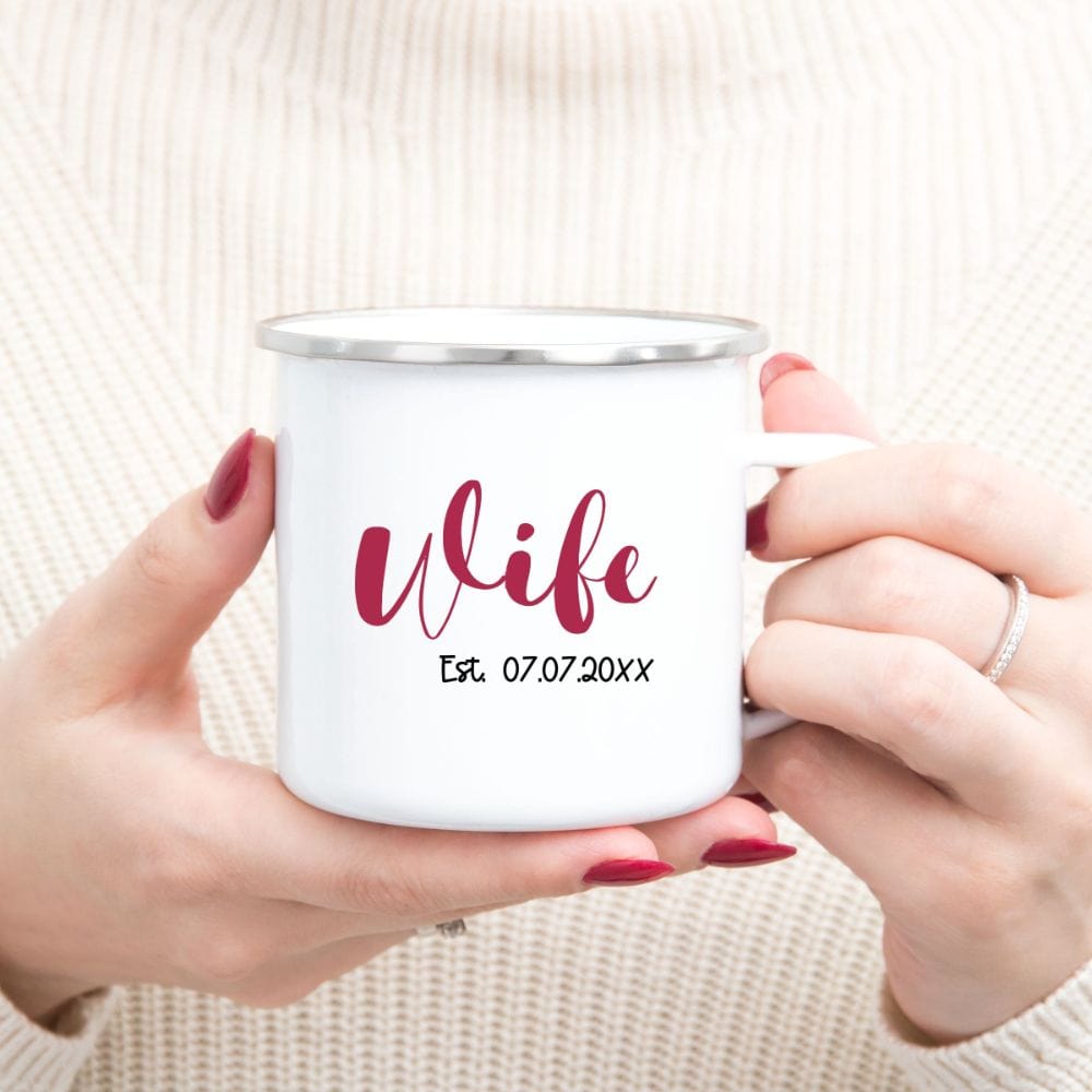 Mr and Mrs, Wife and Husband matching couples coffee mug. Heading out on a honeymoon vacation, family reunion cruise to celebrate your anniversary, this his and hers matching souvenir is always a hit. Customized with date, it is a perfect bridal party wedding gift idea for bride and groom. Also great as a welcome gift for future soon-to-be daughter-in-law or son-in-law.