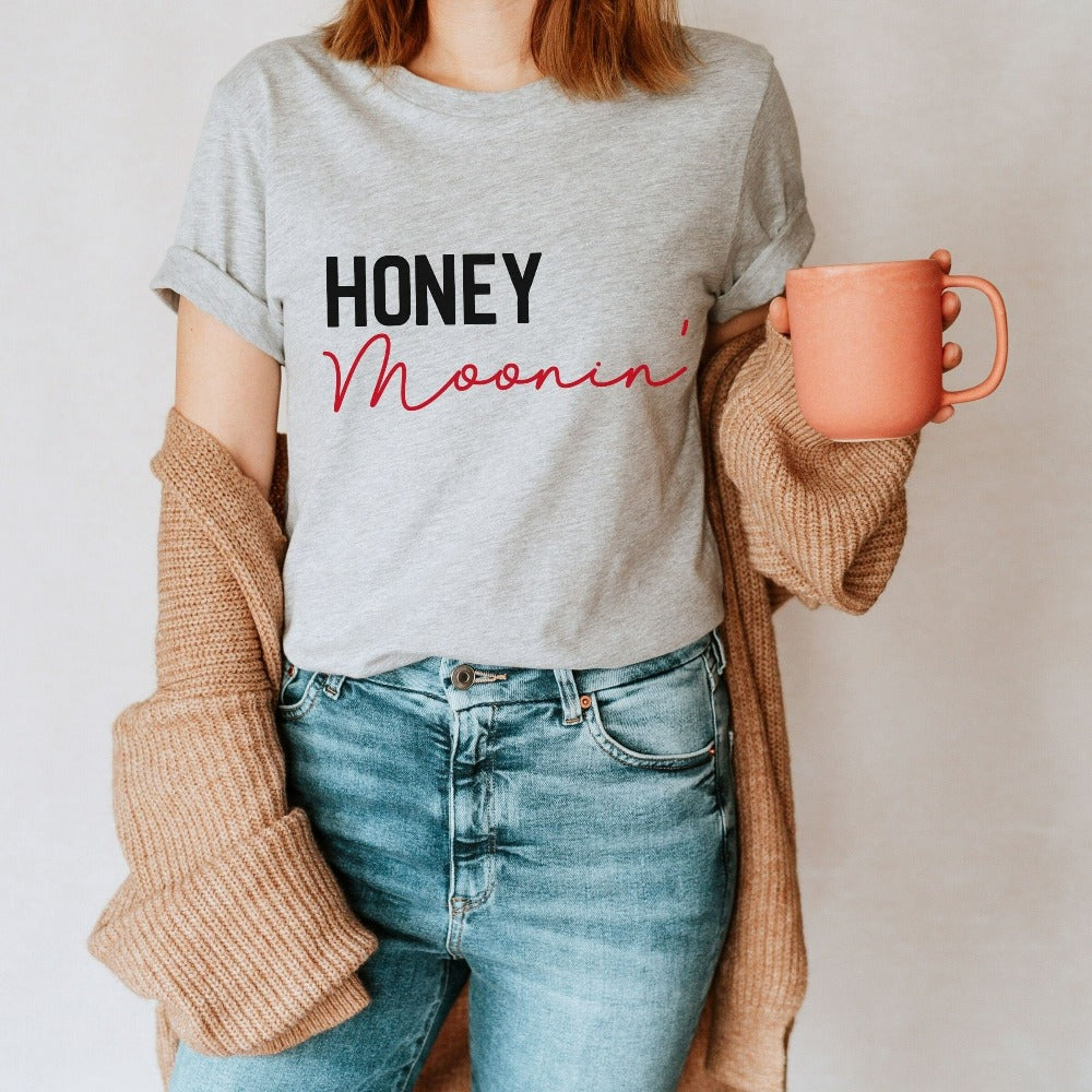 Matching honeymooning casual shirt for newly engaged couple. This funny outfit is perfect as a travel outfit, gift from bridesmaid, bridal shower and engagement party presents. Finally heading out for your honeymoon, grab this minimalist tee and get in the vacation mode with your travel buddy.