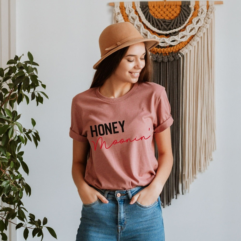 Matching honeymooning casual shirt for newly engaged couple. This funny outfit is perfect as a travel outfit, gift from bridesmaid, bridal shower and engagement party presents. Finally heading out for your honeymoon, grab this minimalist tee and get in the vacation mode with your travel buddy.