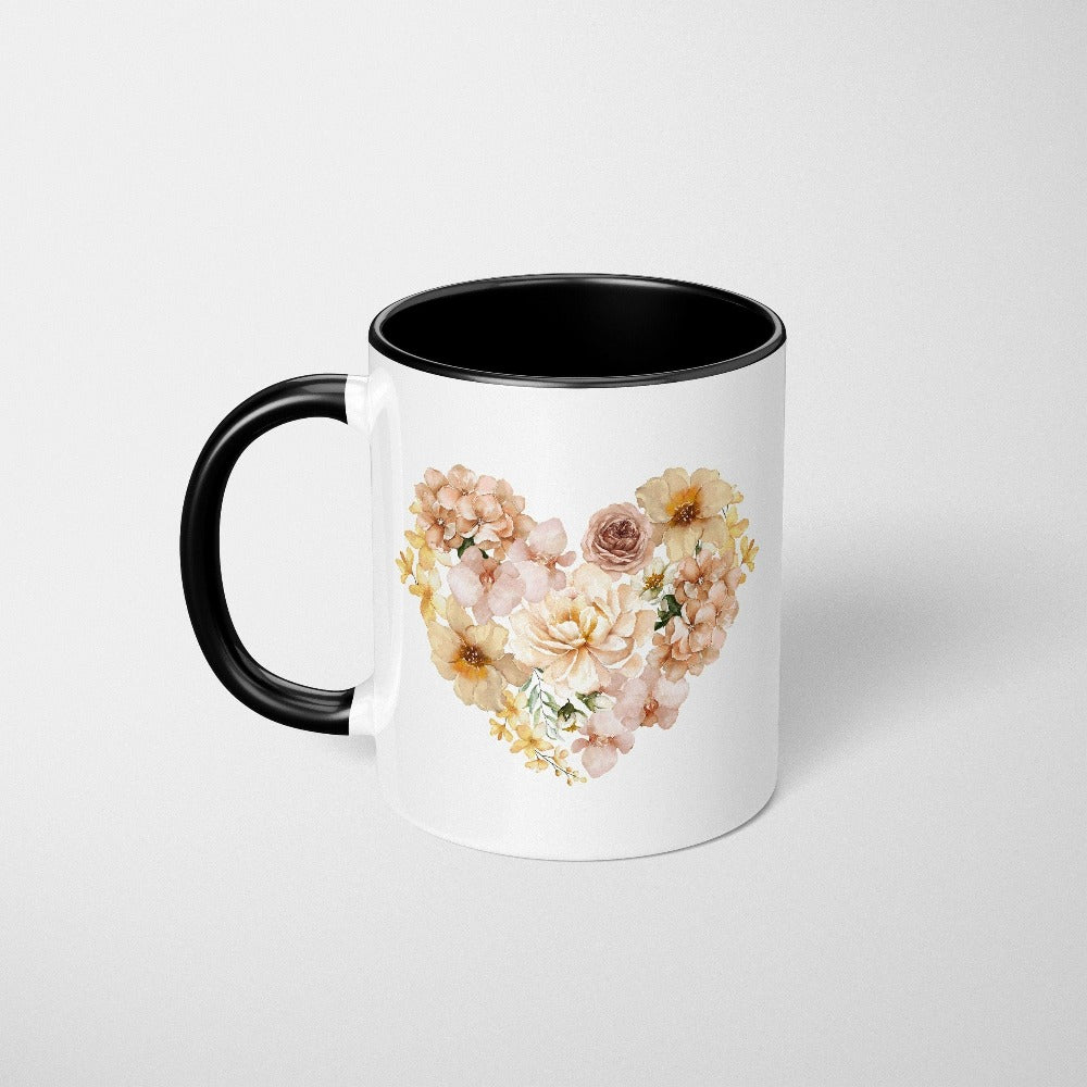 This adorable floral heart coffee mug expresses self-love and love to others. The botanical cottage core boho look makes this design a favorite. This top can be a matching couples souvenir, honeymoon travel, or engagement gift idea for bride and groom. Great birthday, Valentines, Mother's Day, Christmas holiday, wedding, engagement or anniversary gift for wife, spouse, husband, girlfriend, fiancée, mom, daughter, sister, best friend, aunt and more.