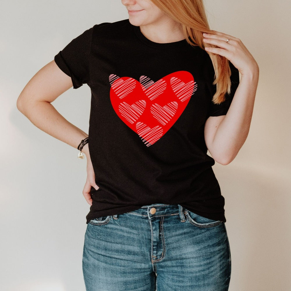 Women's Heart Shirt, Cute Valentines Outfit, Scribble Heart T-Shirt, Valentine's Day Gift for Women, Gf Anniversary Heart Tees