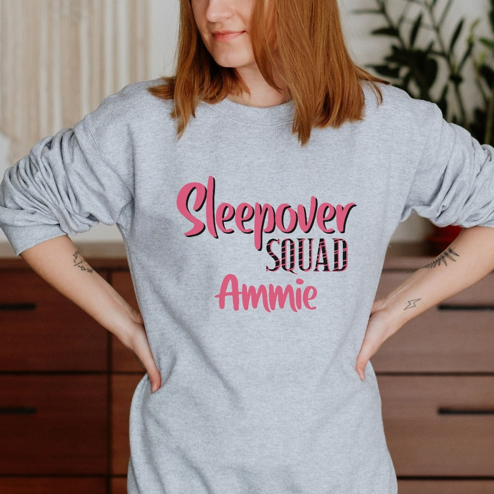 Cute personalized sleepover sweatshirt for besties. Perfect for daughter, niece or friend's birthday, bridal shower, bachelorette wedding party or as girls slumber lounge pajamas set. Great teen or ladies favors gift idea when customized with name.